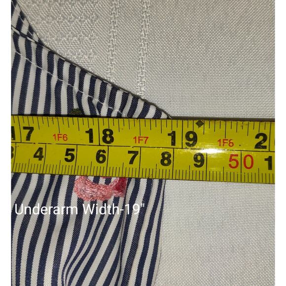 Mystree Top Shirt Womens Small Blue White Pinstripe Embroidered Flowers Nautical - Picture 13 of 14